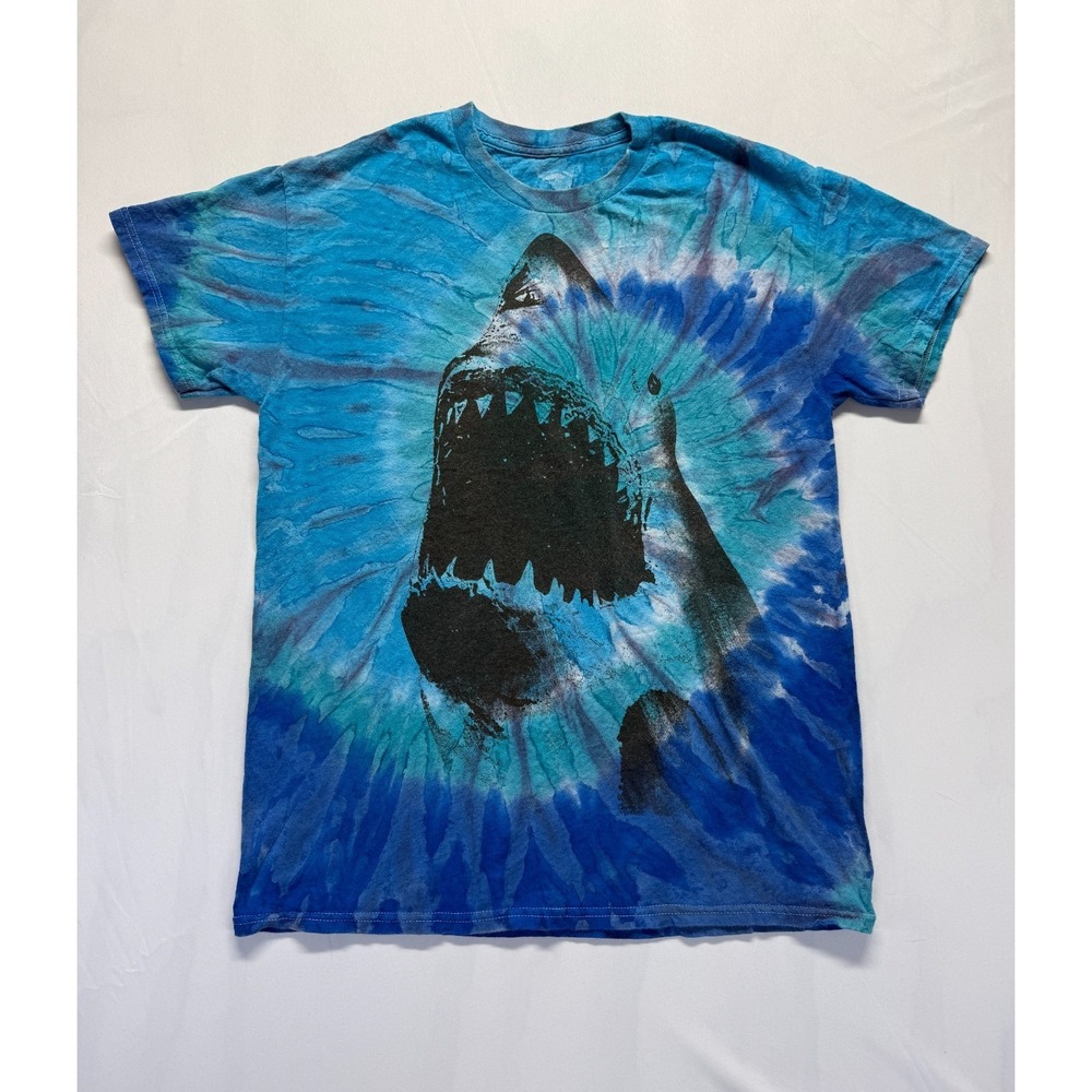 Jaws T Shirt Men Medium Blue Tie Dye Spiral Graphic Print Shark Cotton Movie Tee